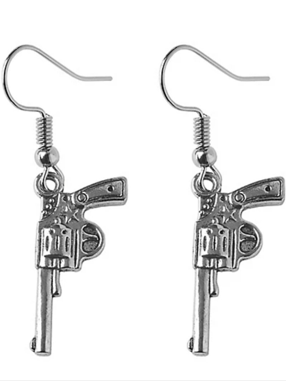 Cowboys Pistol Revolver Six Shooter Gun Star Design Dangle Earrings Silver Tone